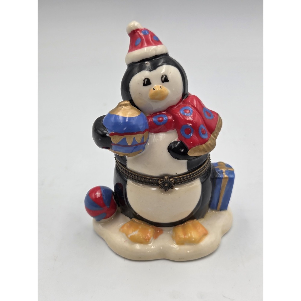 Vintage PHB Style Christmas Penguin Porcelain Hinged Trinket Box Presents Santa
